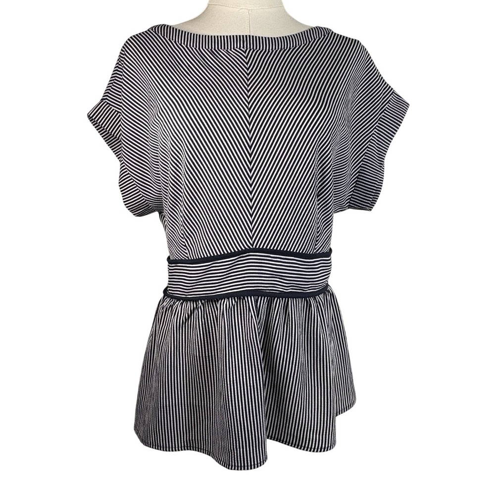 Monteau Los Angeles Navy White Stripe Seersucker Peplum Top Ruffle Sleeves Sz XL